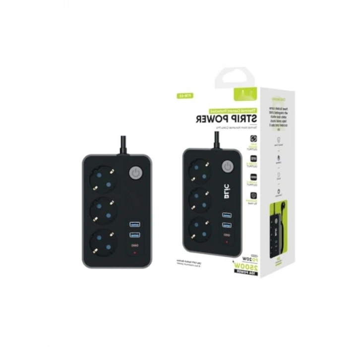 Akım Korumalı Uzatma Kablosu - 3 Priz, 2 USB, 1 Type-C