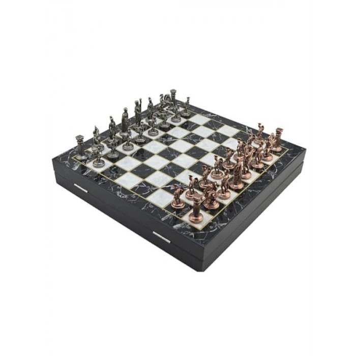 Antik Desenli Orta Boy Metal Roma Satranç Takımı MDF Sandıklı Tahta (36x36x6 cm)