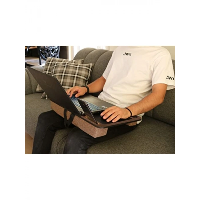 Antik Meşe Desenli Laptop Sehpası - Telefon ve Tablet Bölmeli