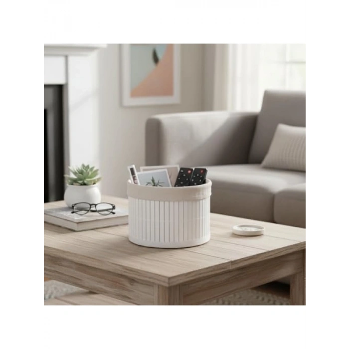 Bambu Organizer – Beyaz Çıtalı Çok Amaçlı Saklama Sepeti (18x13 cm)