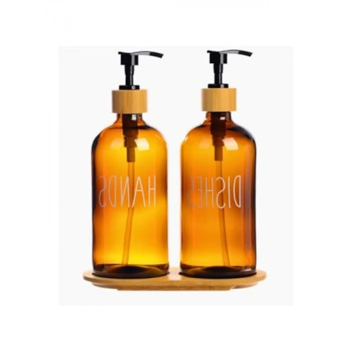 Bambu Standlı Amber Cam Sıvı Sabunluk Seti - 2li 475 ml