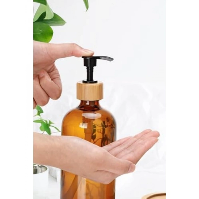 Bambu Standlı Amber Cam Sıvı Sabunluk Seti - 2li 475 ml