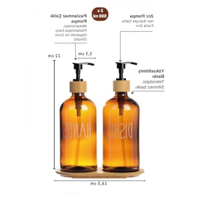 Bambu Standlı Amber Cam Sıvı Sabunluk Seti - 2li 475 ml