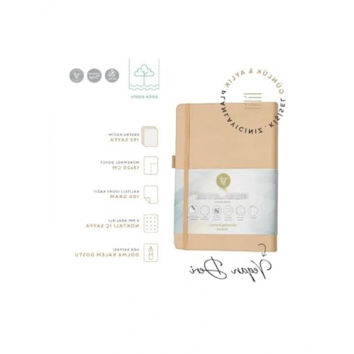 Bej Renkli Sert Kapaklı Lastikli Noktalı Defter - 14 x 20 cm