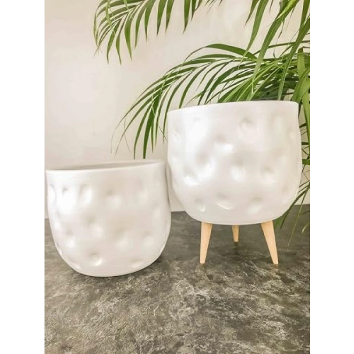 Beyaz Desenli 19 CM Ayaksız Saksı Seti - Şık Ev Aksesuarı
