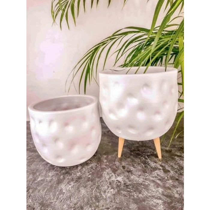 Beyaz Desenli 19 CM Ayaksız Saksı Seti - Şık Ev Aksesuarı