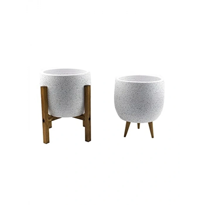 Beyaz Granit Toprak Saksı İkili Set - 3 Ayaklı ve 4 Ayaklı - 19 CM