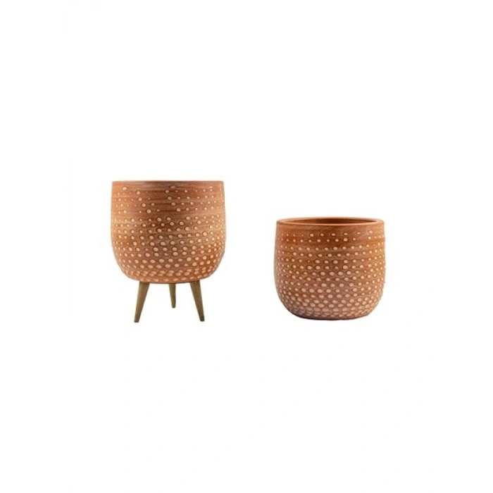 Beyaz Nokta Desenli Toprak Saksı - 19 cm İkili Set