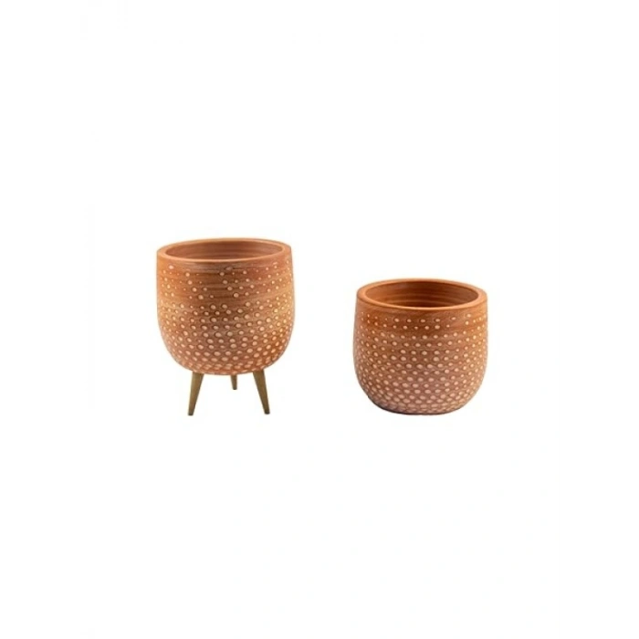 Beyaz Nokta Desenli Toprak Saksı - 19 cm İkili Set