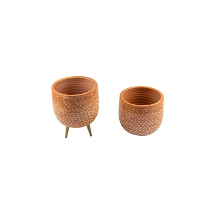 Beyaz Nokta Desenli Toprak Saksı - 19 cm İkili Set