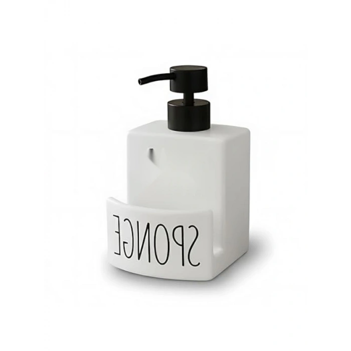 Beyaz Seramik Sıvı Sabunluk ve Süngerlik Seti - 500 ml, Kaymaz Taban