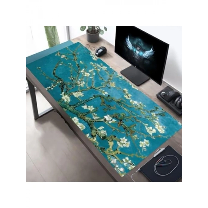 Büyük Boy, 90x40 cm Van Gogh Desenli Kaymaz Masa Pedi
