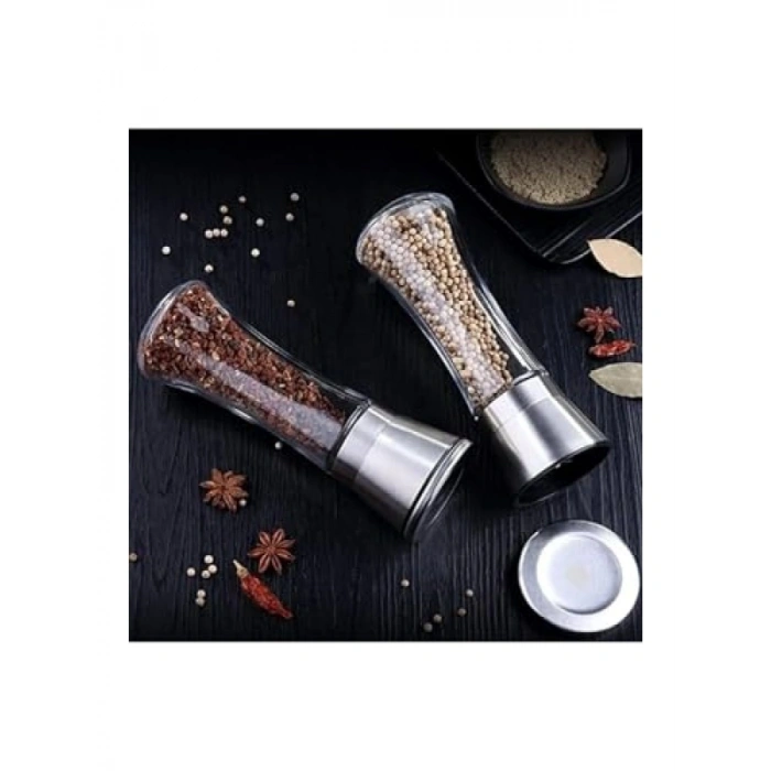Cam Gövdeli Metal Krom Kapaklı Tuz Karabiber Değirmeni Seti (19 cm)