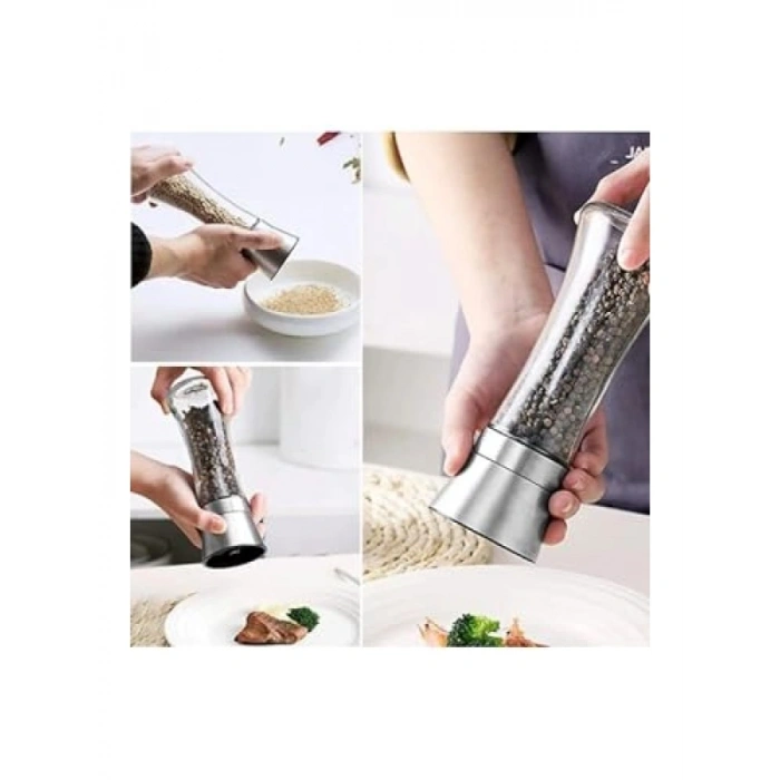 Cam Gövdeli Metal Krom Kapaklı Tuz Karabiber Değirmeni Seti (19 cm)
