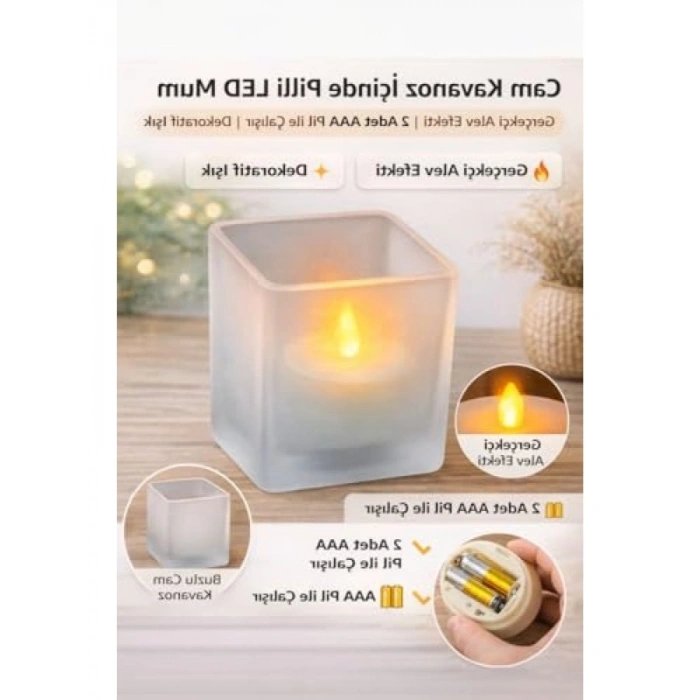 Cam Kavanoz İçinde Gerçekçi Alev Efektli Pilli LED Mum | 2x AAA Pil İle Çalışır | Dekoratif ve Güv