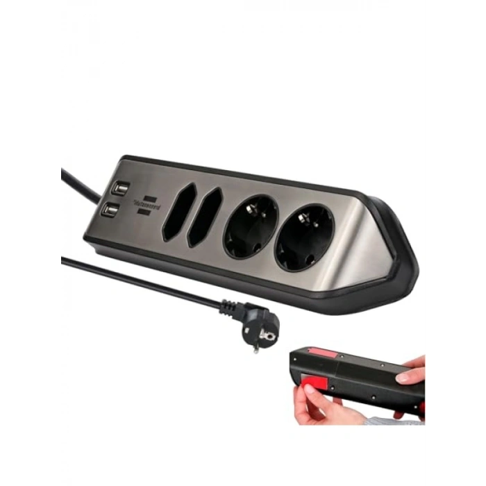 Çelik Yüzeyli 4 Soketli Uzatma Kablo - 2 USB, 2 m