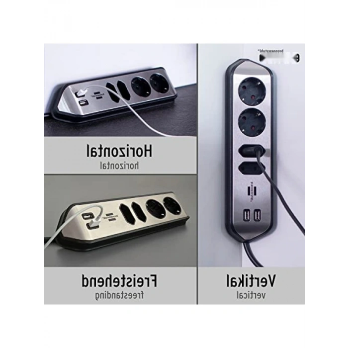 Çelik Yüzeyli 4 Soketli Uzatma Kablo - 2 USB, 2 m