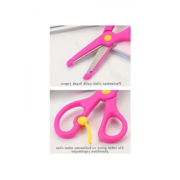 Çocuklar için Güvenli Korumalı Okul Makası, Ergonomik Tasarım, Pembe-Sarı