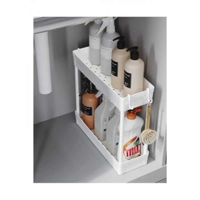 Çok Amaçlı 2 Katlı Evye Altı Düzenleyici Askılı Banyo Organizer Raf