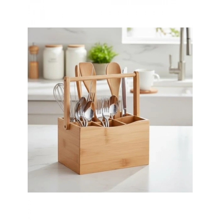 Çok Amaçlı Düzenleyici - 6 Bölmeli Bambu Taşıma Kulplu Caddy