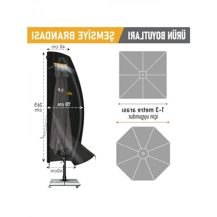 Dayanıklı Bahçe Şemsiye Kılıfı, Su Geçirmez (265-40/70/40 cm) Siyah