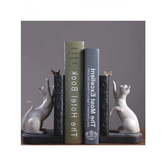 Dekoratif Kedi Figürlü İkili Kitap Tutucu – Beyaz Renk