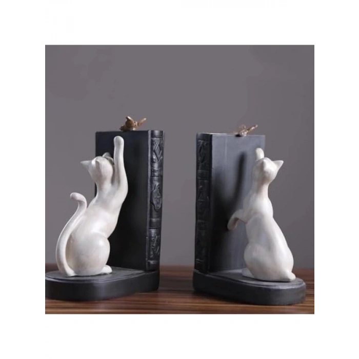 Dekoratif Kedi Figürlü İkili Kitap Tutucu – Beyaz Renk