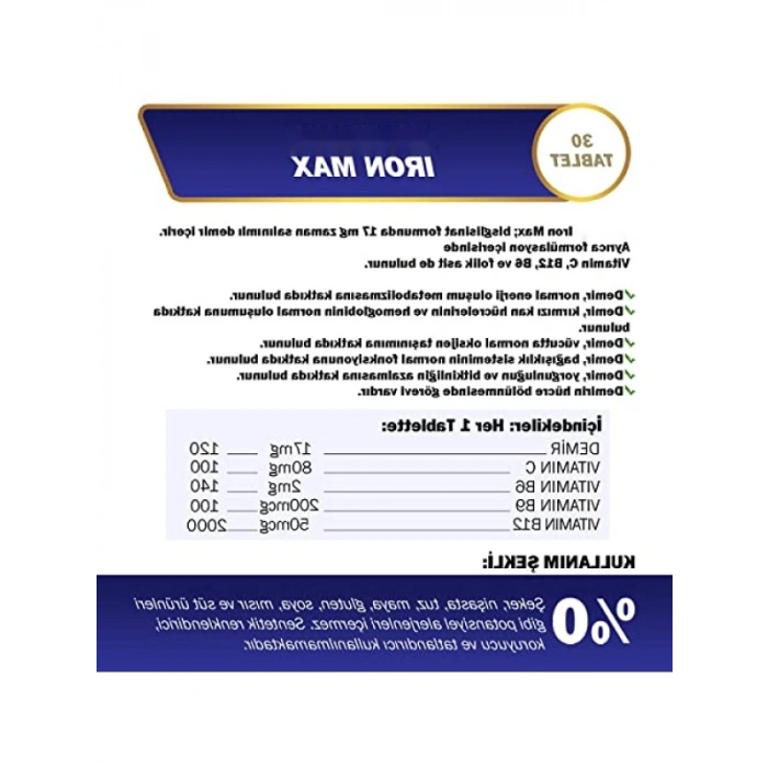 Demir, C Vitamini, Folik Asit ve B12 Vitamini İçeren Takviye, 30 Tablet