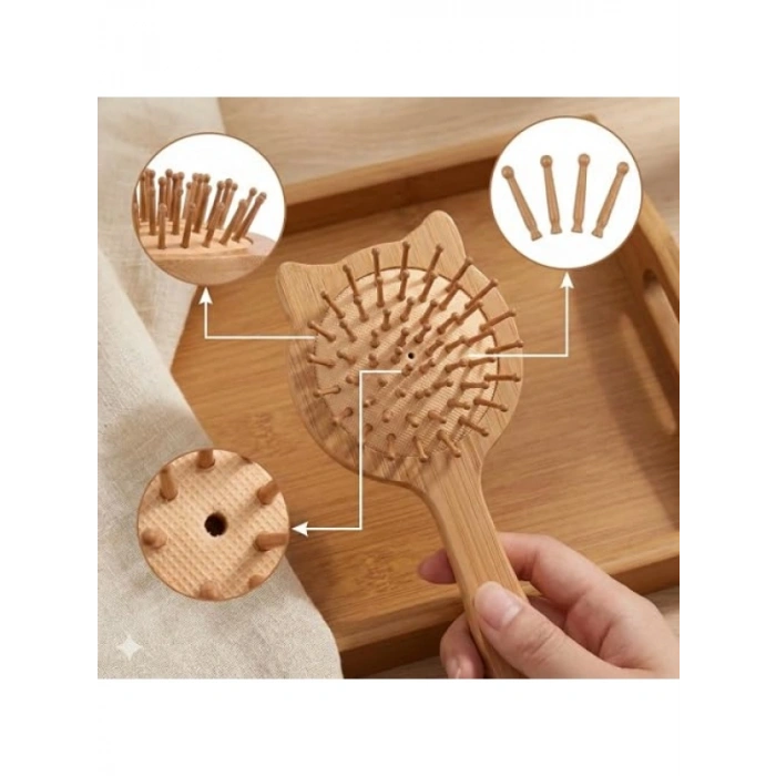 Doğal Ahşap Bambu Kedi Figürlü Antistatik Saç Tarağı