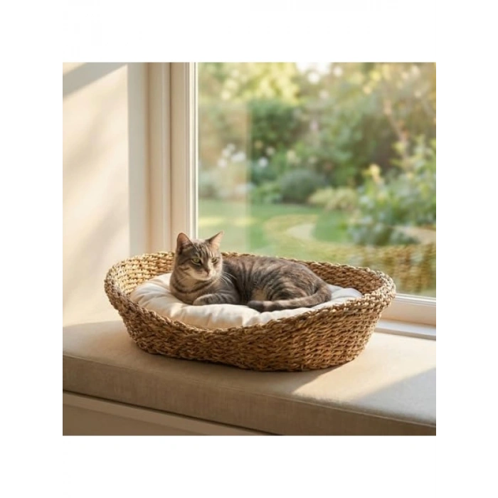 Doğal Hasır Kedi Yatağı | Oval Tasarım ve Yumuşak Minder ile Konforlu