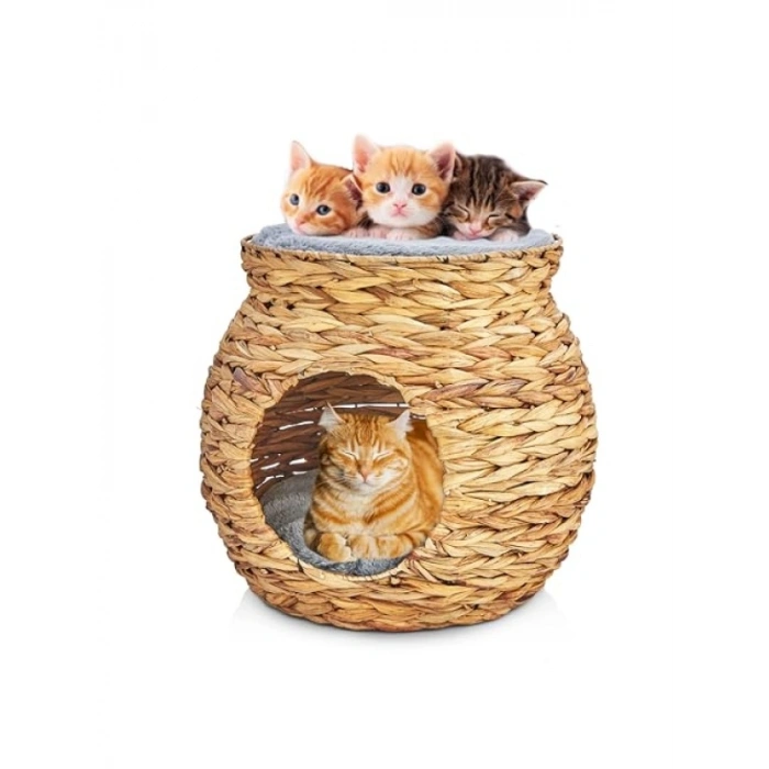 Doğal Hasırdan El Yapımı Çift Katlı Kedi ve Köpek Yuvası, Yumuşak Minderli, 48x48x45 cm