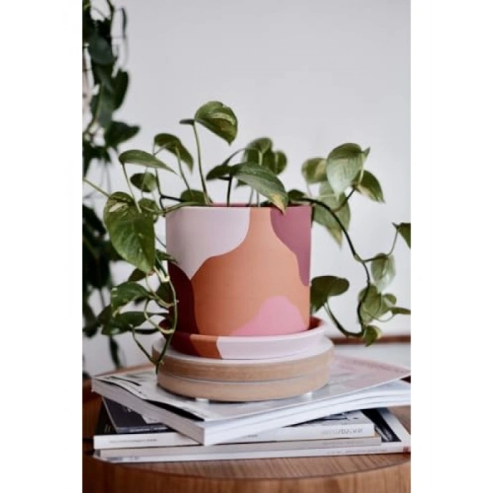 Doğal Terracotta Saksı ve Tabak - Pembenin Tonları (Küçük)