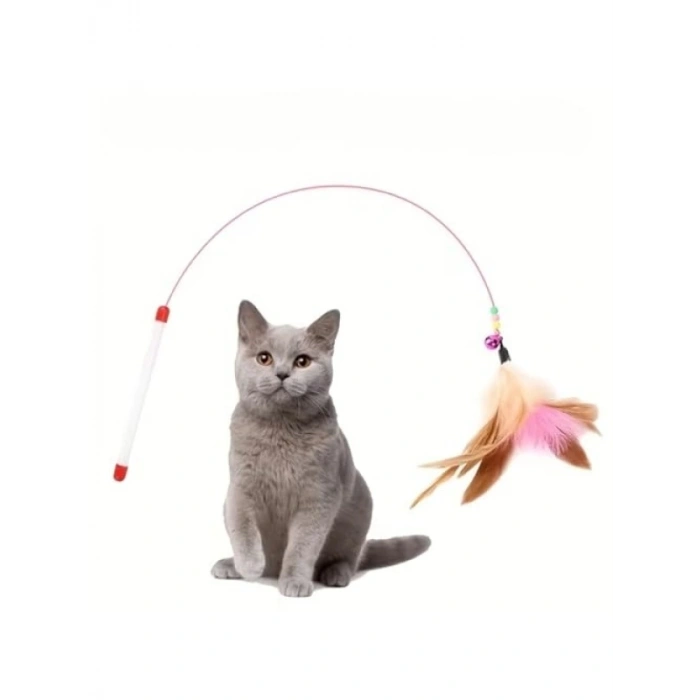 Doğal Tüylü Kedi Oltası - İnteraktif Zilli Oyuncak, 90 cm Uzunluk