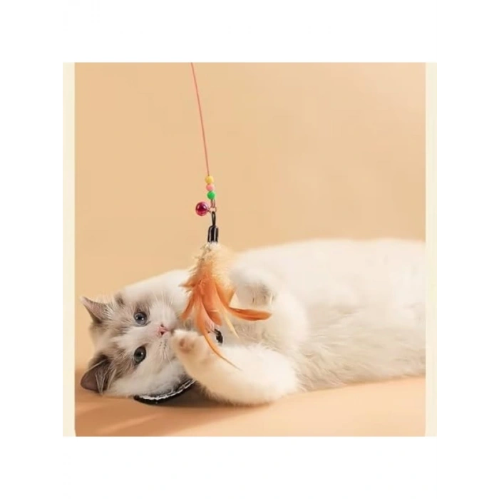 Doğal Tüylü Kedi Oltası - İnteraktif Zilli Oyuncak, 90 cm Uzunluk