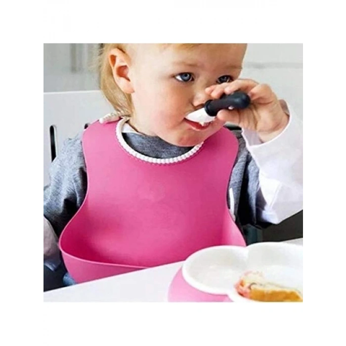 Dökülme Engelleyici Silikon Bebek Mama Önlüğü - Pembe