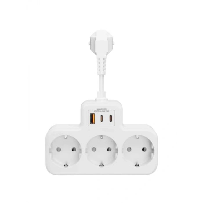 Duvar Tipi Akım Korumalı Çoklu Priz - 3x Schuko, 2x Type-C, 1x USB (Beyaz)