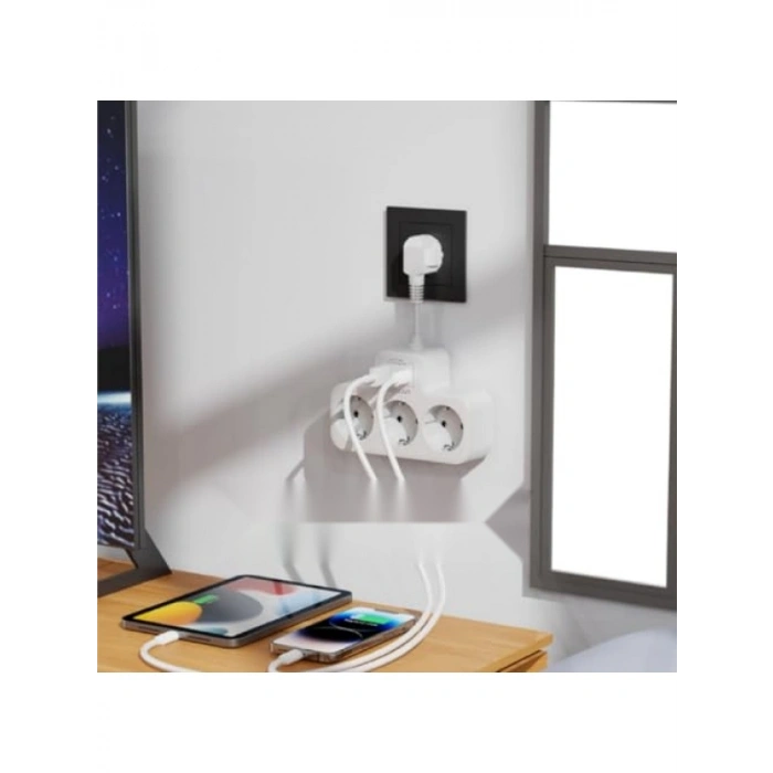 Duvar Tipi Akım Korumalı Çoklu Priz - 3x Schuko, 2x Type-C, 1x USB (Beyaz)