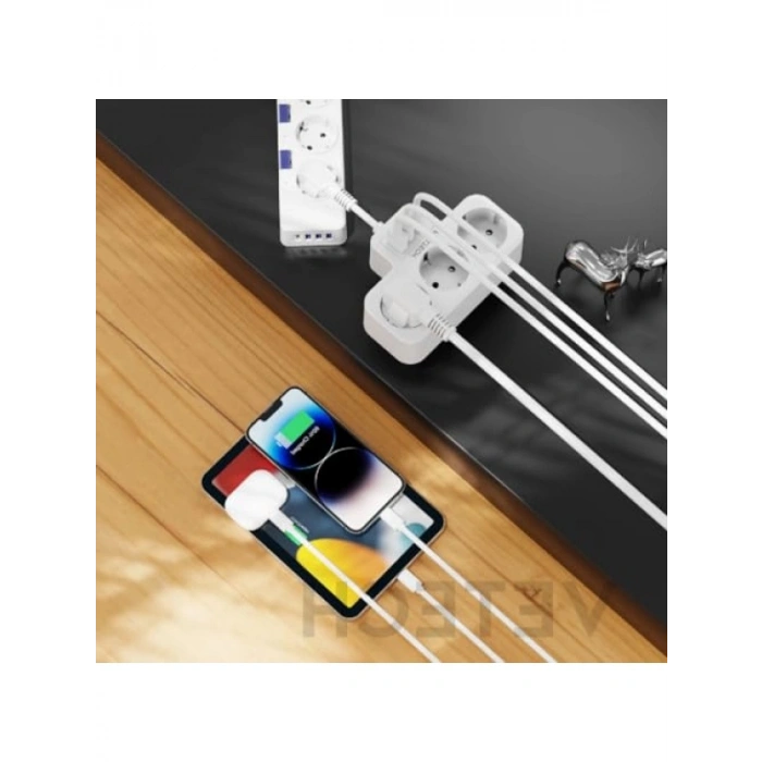 Duvar Tipi Akım Korumalı Çoklu Priz - 3x Schuko, 2x Type-C, 1x USB (Beyaz)