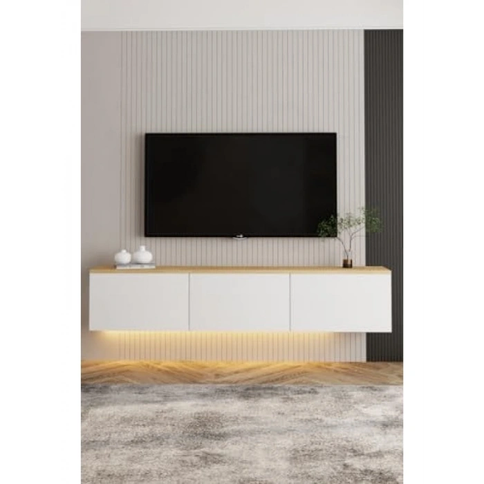 Duvara Monte Neon LED Işıklı 3 Kapaklı TV Sehpası - Modern Beyaz/Safir Meşe