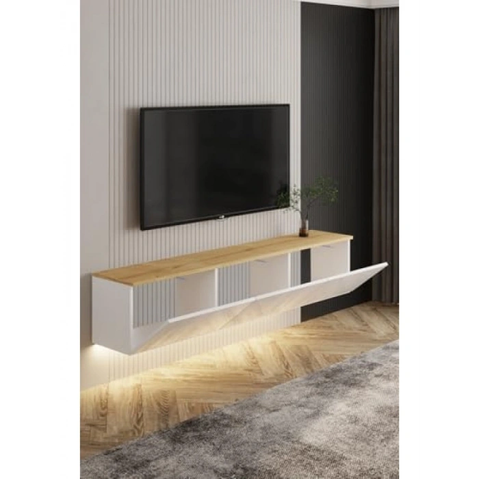 Duvara Monte Neon LED Işıklı 3 Kapaklı TV Sehpası - Modern Beyaz/Safir Meşe