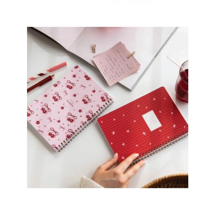 Düz Çizgisiz Okul Defteri, 2li Set, 80 Yaprak, Kiraz Desenli