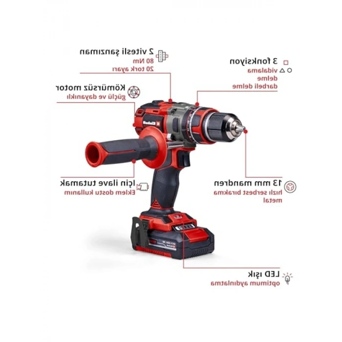 Einhell Professional Akülü Darbeli Vidalama TP-CD 18/80 Li-i BL (2x 2.0 Ah) Power X-Change (18 V, Kömürsüz, 80 Nm, 13 mm mandren, 2 hız, 2x 2,0 Ah akü + şarj cihazı)