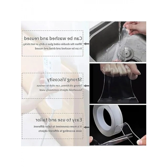 Ekstra Güçlü Çift Taraflı Yapışkan Bant, Şeffaf ve İz Bırakmaz, 3 Metre