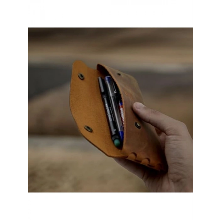 El Yapımı Hakiki Deri Kalemlik - Vintage Tasarım, Camel Renk