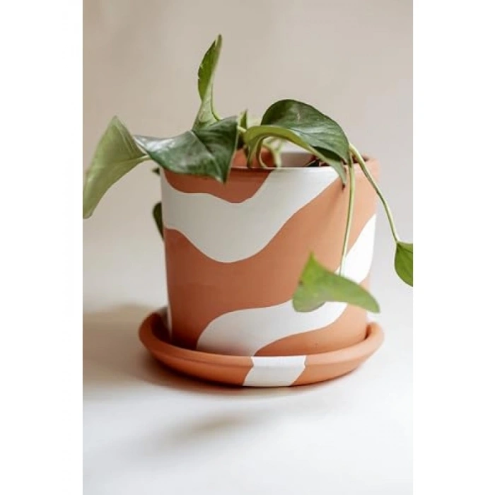 El Yapımı Terracotta Silindir Saksı + Tabak - Bohem Beyaz (Küçük)