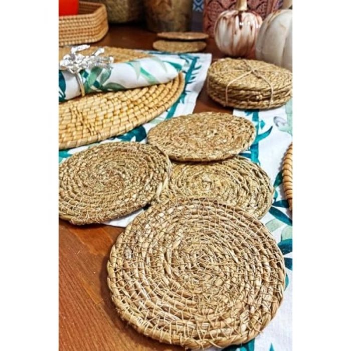 El Yapımı Yuvarlak Hasır Bardak Altlığı - 10 cm, 6 Adet