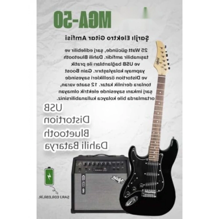 Elektro Gitar Seti - 50 WATT Bluetooth Şarjlı Amfi ve Kulaklık ile
