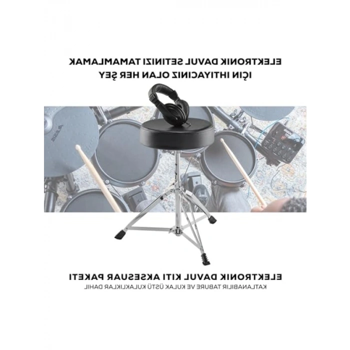 Elektronik Davul Seti Aksesuar Paketi - Katlanabilir Tabure ve Kulak Üstü Kulaklıklar