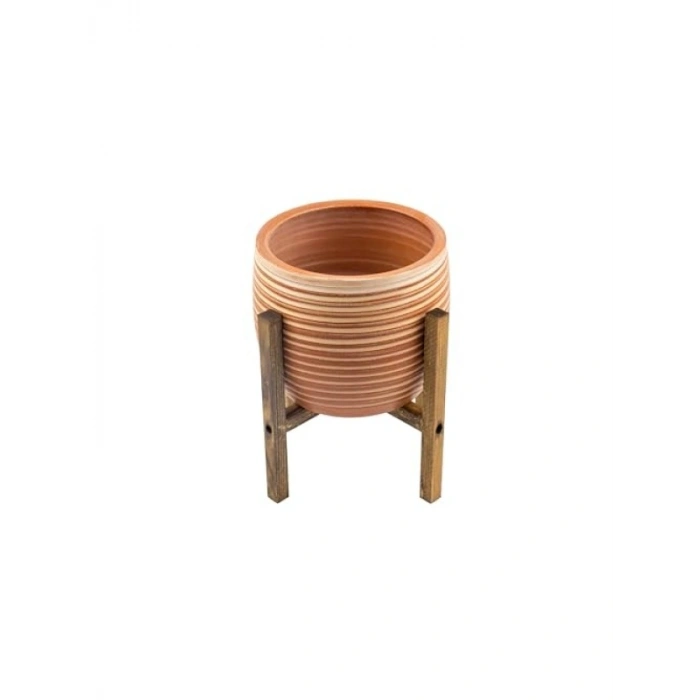 Estetik Yan Çizgi Desenli 19 CM Toprak Saksı - 4 Ayaklı Salon Çiçekliği