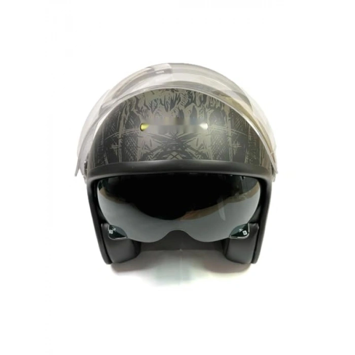 Grafiti Desenli Çift Vizörlü Yarım Motosiklet Kask